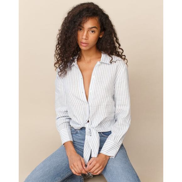 REFORMATION Blue White Striped Linen Button Down Anzio Top Women's Size Medium - Picture 7 of 7